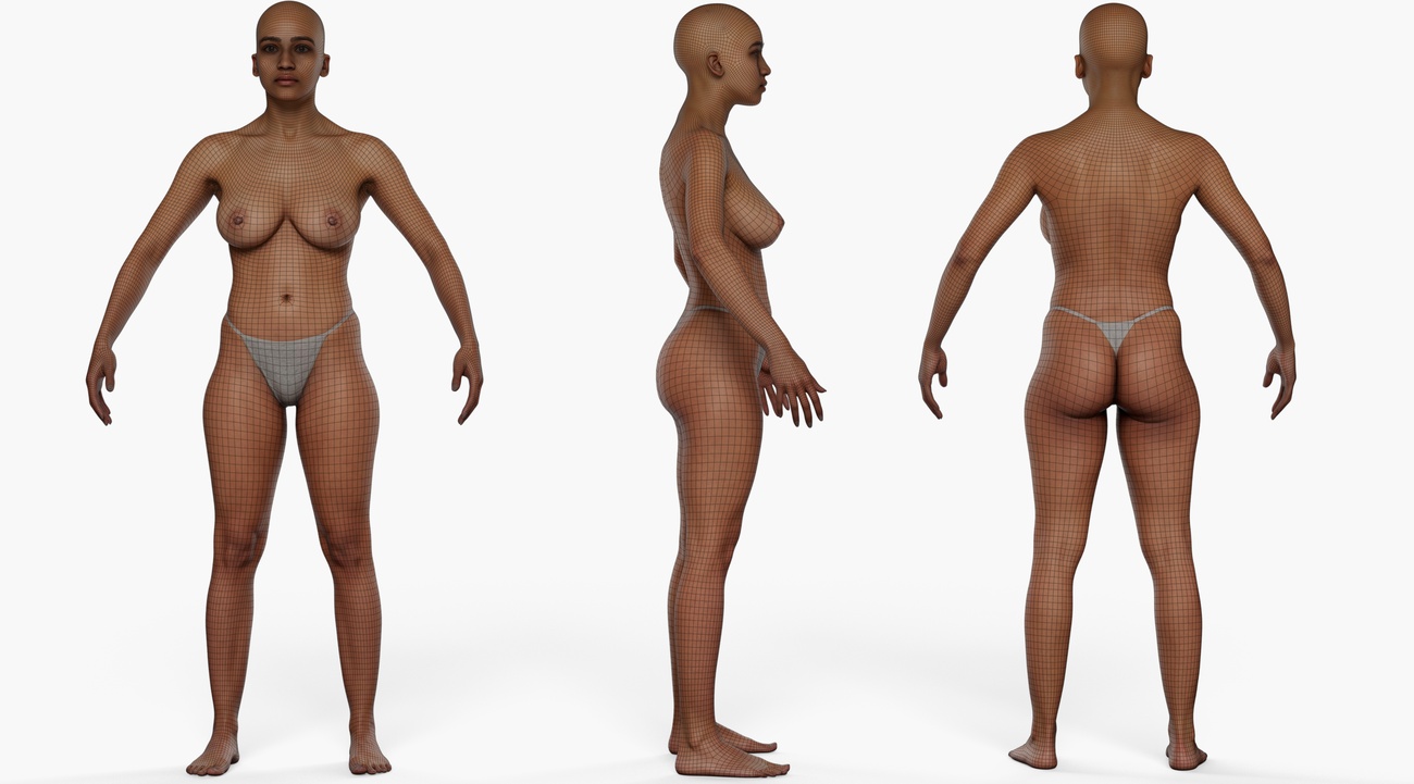Wireframe topology overlay on a female 3D body scan showing clean quad mesh edge loops across the full figure